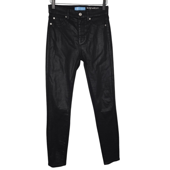 7 For All Mankind Black Coated Lyocell The High Waist Ankle Skinny Jeans Size 26 - Picture 1 of 14